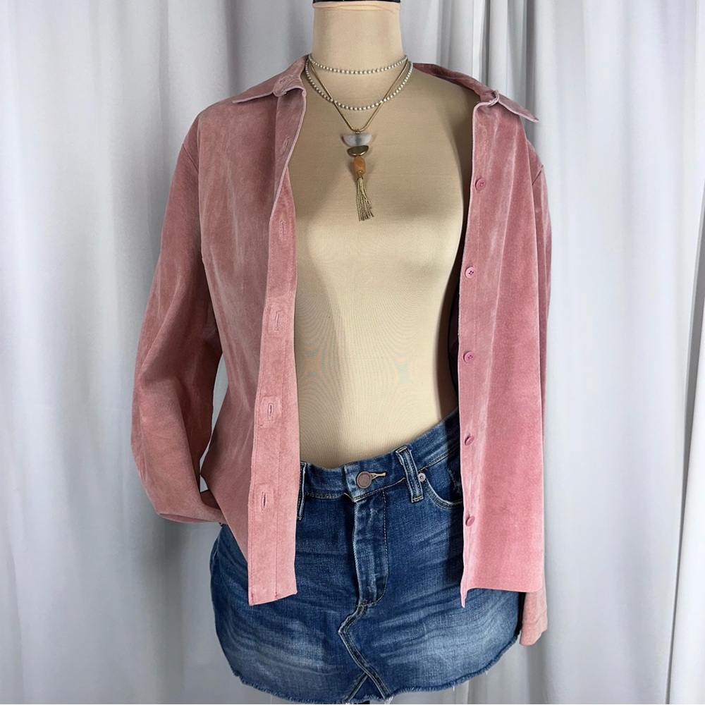 Vtg. EXPRESS World Brand Pink Leather Shacket Size‎ 11/12 Top Button Down Jacket